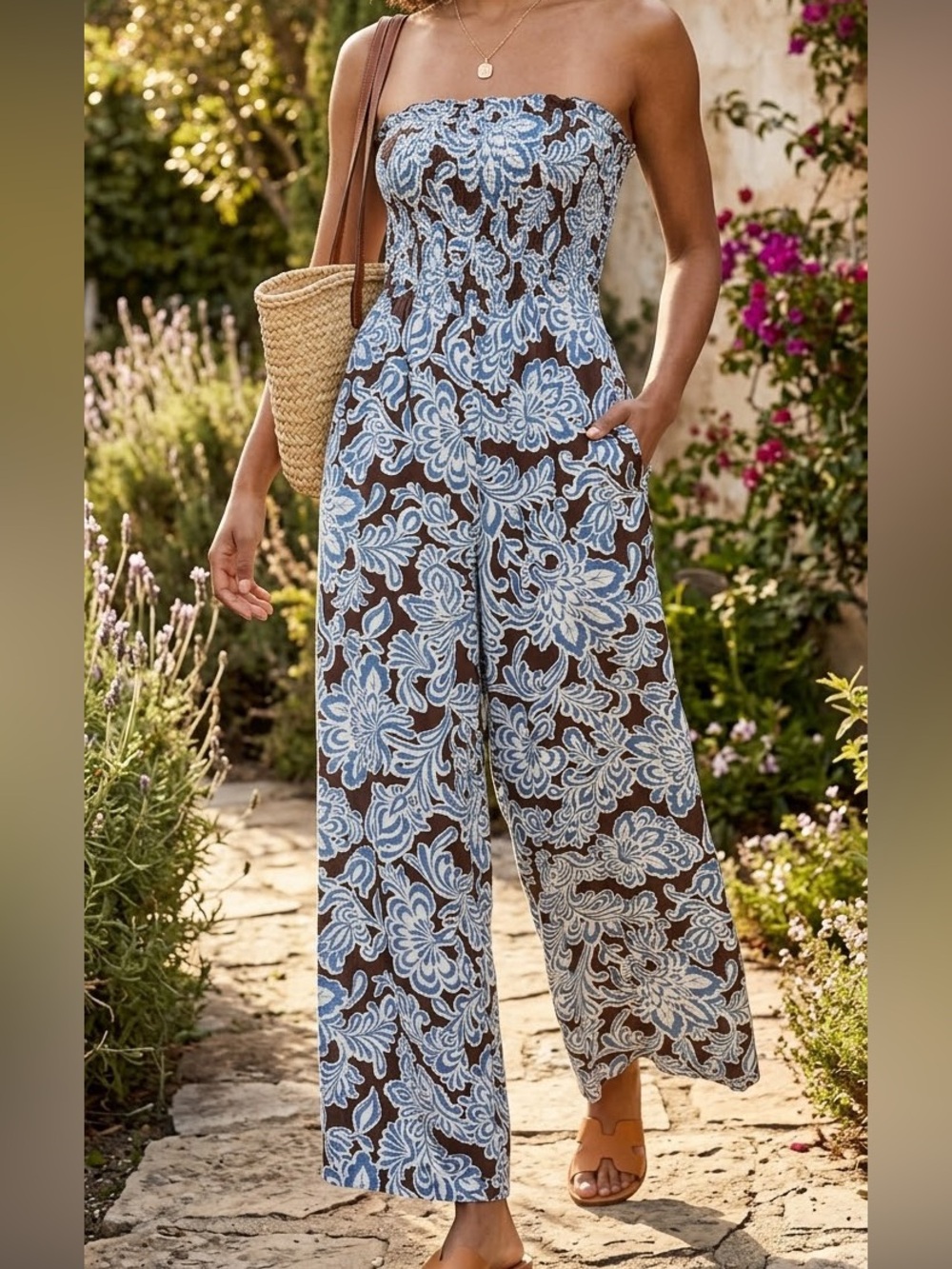 As U Wish Strapless Floral Wide-Leg Jumpsuit - Blue on Brown